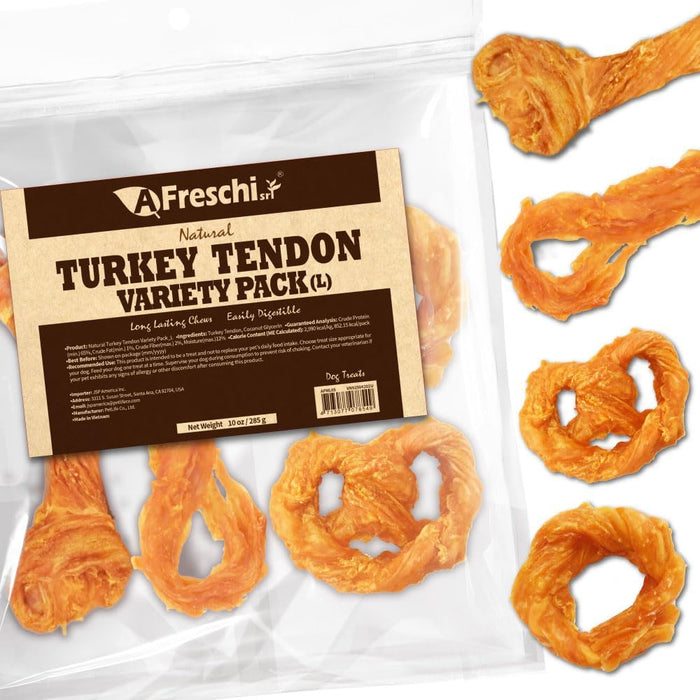 AFreschi Turkey Tendons for Dogs, USA-Sourced, Healthy Dog Treats, Rawhide-Free Puppy Chews, Long Lasting, All Natural, Hypoallergenic Dog Treats for Large Breeds, 10 oz Pack Bone (L)