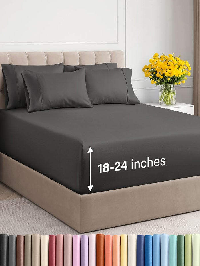 Extra Deep Full Sheet Set - 6 Piece Breathable & Cooling Sheets - Hotel Luxury Bed Sheets Set - Easy & Secure Fit - Soft, Wrinkle Free & Comfy Sheets Set - Light Grey Sheet Set with Extra Deep Pockets