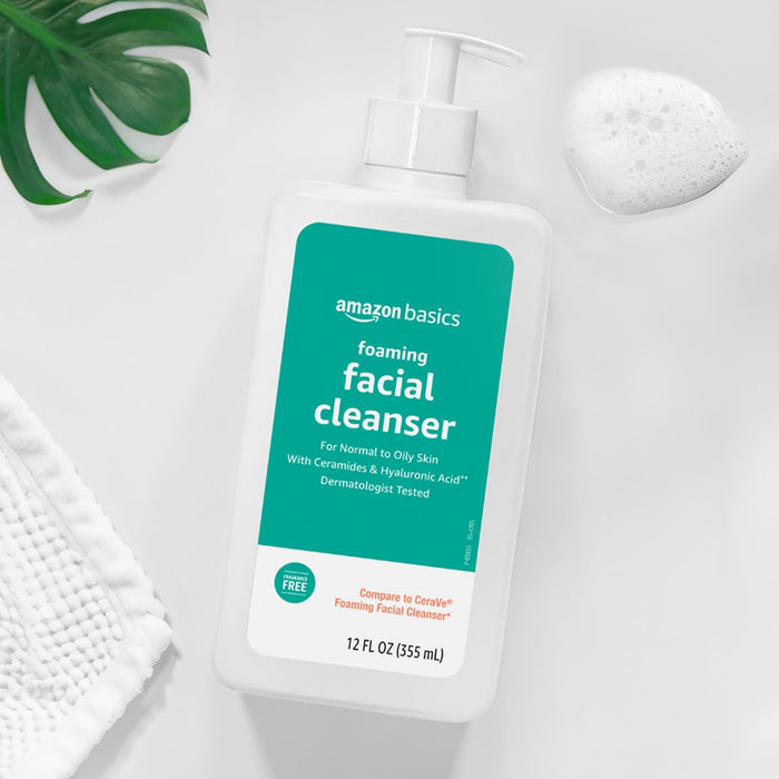 Amazon Basics Foaming Facial Cleanser with Ceramides & Hyaluronic Acid, Fragrance-Free, 12 Fl Oz, Pack of 1