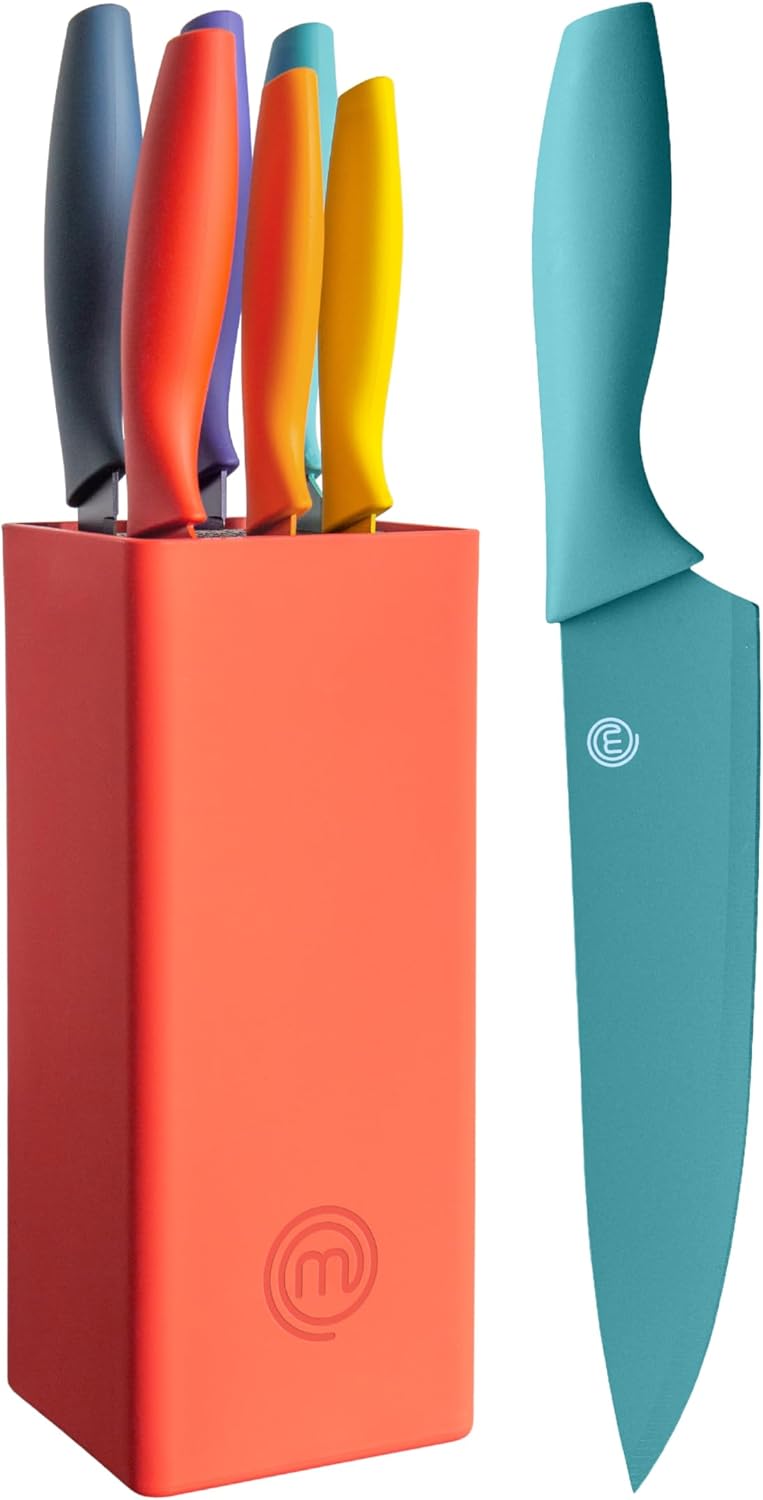 MasterChef Knife Set with Block, 6 Kitchen Knives and a Universal Knife Holder, Extra Sharp Stainless Steel Blades for Precise Cutting with Non Stick Coating & Soft Touch Easy Grip Handles, Black