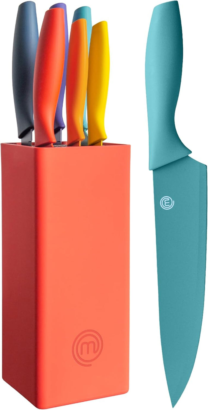 MasterChef Knife Set with Block, 6 Kitchen Knives and a Universal Knife Holder, Extra Sharp Stainless Steel Blades for Precise Cutting with Non Stick Coating & Soft Touch Easy Grip Handles, Black