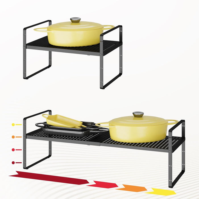 16.5~27.1" Expandable Shelf Organizer, 2Pack 8.1" Wide Stackable Cabinet Shelf Organizers, White Metal Sturdy Kitchen Counter Storage for Countertop, Adjustable Height Spice Rack