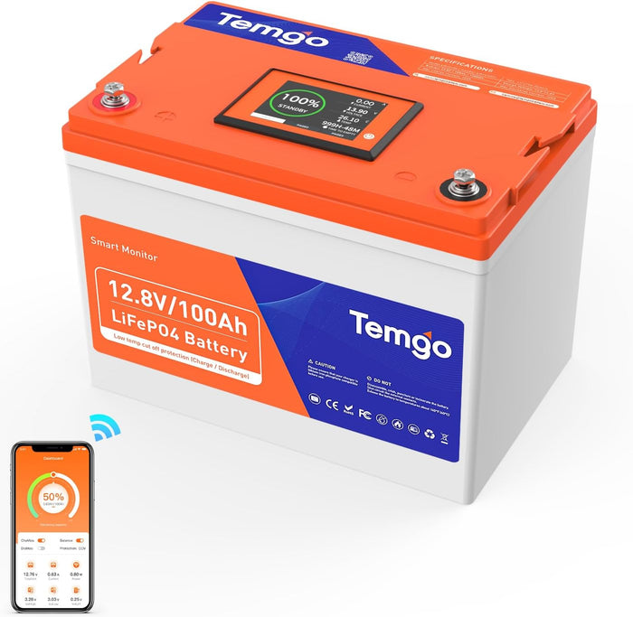 TEMGO 12V 300Ah Self-Heating LiFePO4 Lithium Battery with Smart Touch Screen & Bluetooth App, Built-in 200A BMS, 2560W Power, 5000+ Cycles, for RV, Camper, Solar, Off-Grid