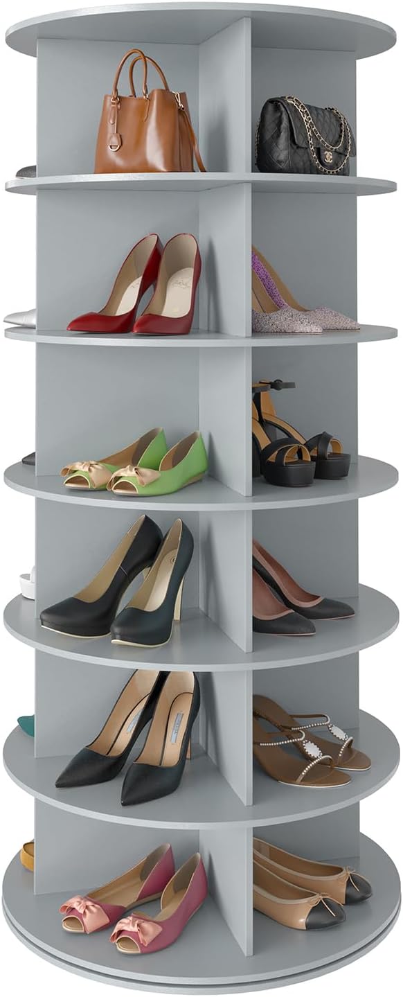 SpaceAid 7 Tier Rotating Shoe Rack Tower, Spinning Shoe Display Lazy Susan, Revolving 360 Shoe Rack Storage Round Carousel, Vertical Handbag Rotate Shoes Closet Organization (7-Tier White)