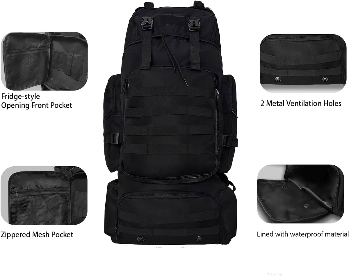 Tactical 80L Hiking Backpack with Dedicated Shoe Compartment - Large Capacity Rucksack for Camping Backpacking Men Women - Outdoor Trekking Travel Pack (Black)