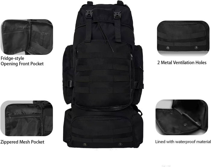 Tactical 80L Hiking Backpack with Dedicated Shoe Compartment - Large Capacity Rucksack for Camping Backpacking Men Women - Outdoor Trekking Travel Pack (Black)