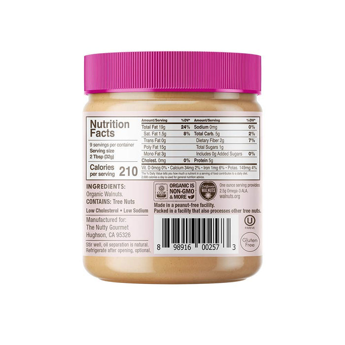 Nutty Gourmet Organic Walnut Butter - Raw Nut Butter - No Added Sugar - Unsalted - All Natural - Peanut Free - Vegan - California Grown Walnuts - Keto Snack - Gluten Free (10oz, 1 Pack)
