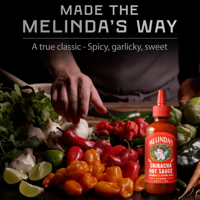 Melinda’s Sriracha Hot Sauce - Classic, Gourmet Sriracha Sauce Made with Fermented Red Jalapeños & Garlic - Keto, Vegan, Non-GMO and Gluten Free Hot Sauce - 12oz, 3-Pack