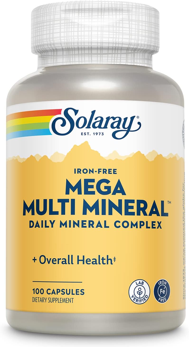 SOLARAY Mega Multi Mineral, Iron Free - Daily Mineral Supplement w/Trace Minerals, Electrolytes, Calcium, Magnesium, Zinc, Selenium, Boron -Cellular Energy, Immune Support, 60-Day Guarantee, 50 Serv