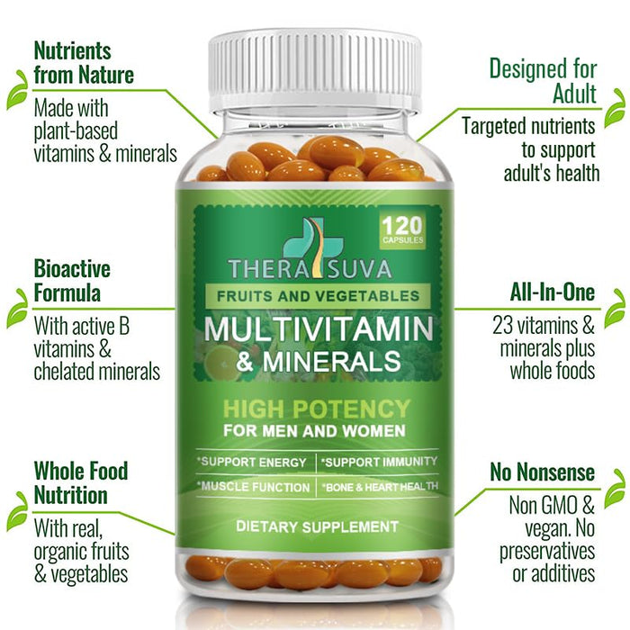 All Natural Multivitamins & Minerals + B Complex + Calcium + Magnesium + Zinc, 100% Vegan Sourced Whole Food Supplement, Complete Nutritional Support for Men & Women- 120 Capsules, 60 Day Supply