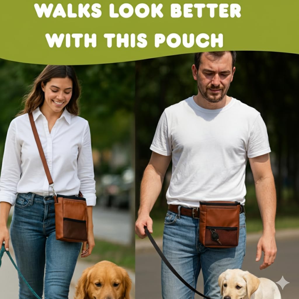 Large Dog Treat Pouch PU Leather with Clicker, Magnetic Clasp, Fits All Phones, 4 Cups, Hands-Free Pouches for Dog Training Treat Pouch, Built in Poop Bag Holder