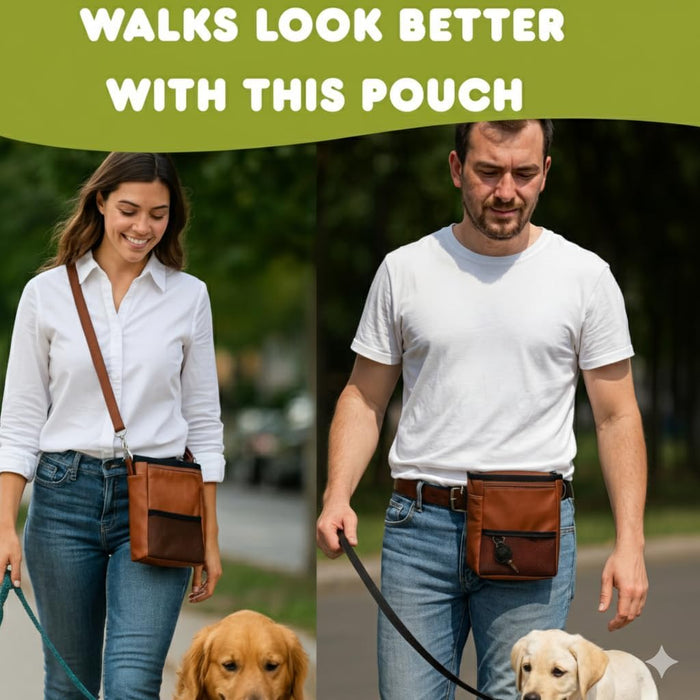 Large Dog Treat Pouch PU Leather with Clicker, Magnetic Clasp, Fits All Phones, 4 Cups, Hands-Free Pouches for Dog Training Treat Pouch, Built in Poop Bag Holder