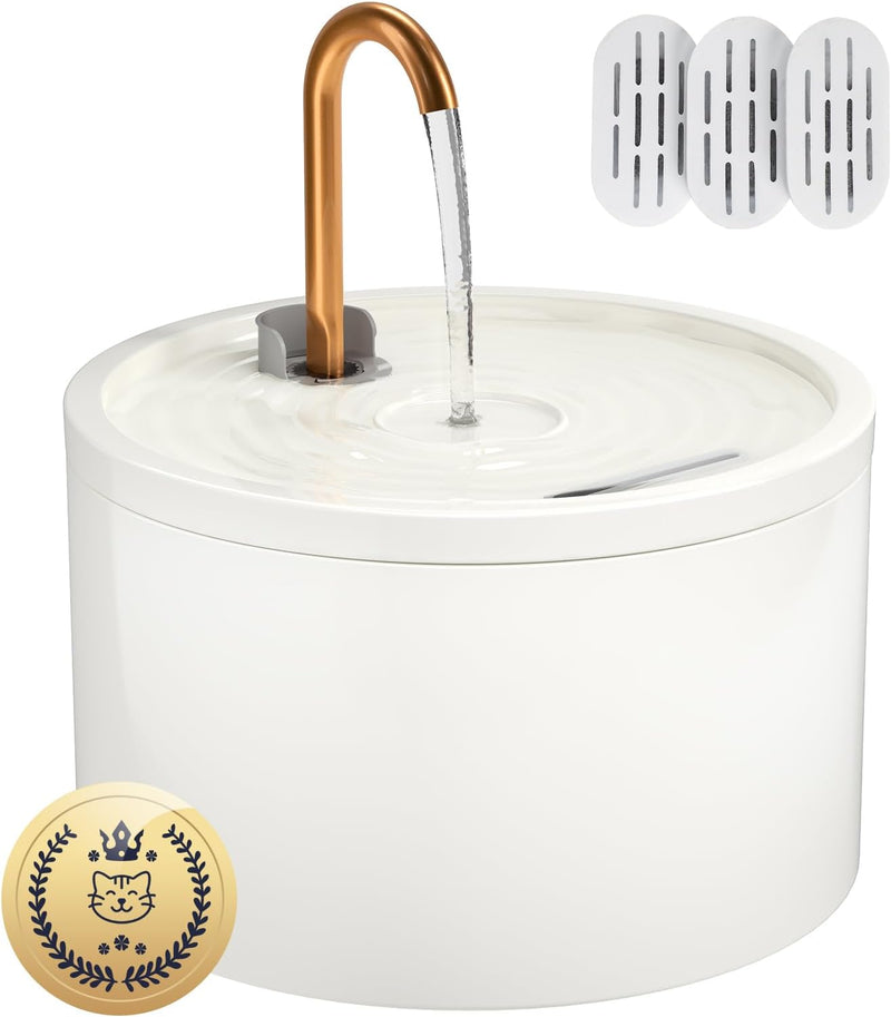 Ceramic Cat Water Fountain - 2.1L/71oz - All-Ceramic Body & Pure Copper Water Spout - Non-Toxic - Automatic Pet Drinking Fountain Indoor with Ultra-Quiet Pump, and 3Pcs Filter & Sponge (White)
