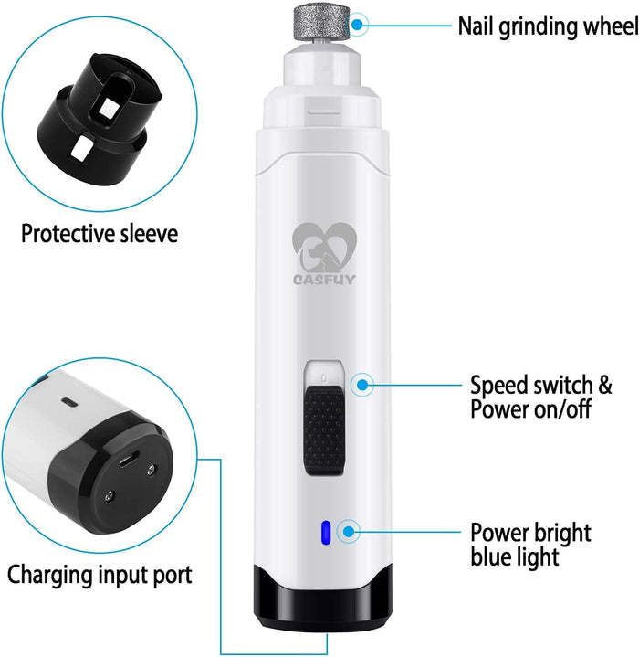 Casfuy Dog Nail Grinder Upgraded - Professional 2-Speed Electric Rechargeable Pet Nail Trimmer Painless Paws Grooming & Smoothing for Small Medium Large Dogs & Cats (White)