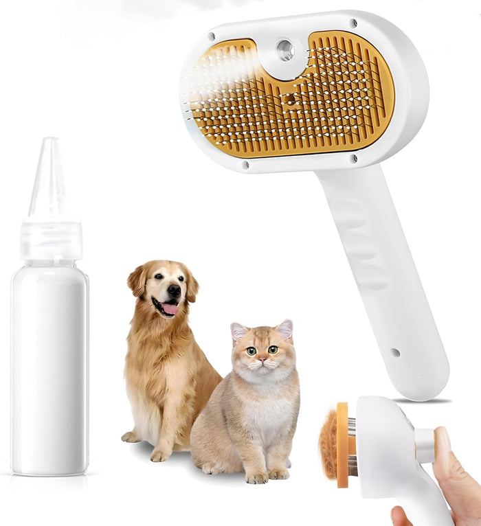 Pet Steam Brush for Dog & Cat – 3-in-1 Spray Hair Removal Comb – Steam for Shedding & Grooming – Water Brush for Long & Short Haired Pets – Spritz Defur Comb – Includes Waterless Shampoo