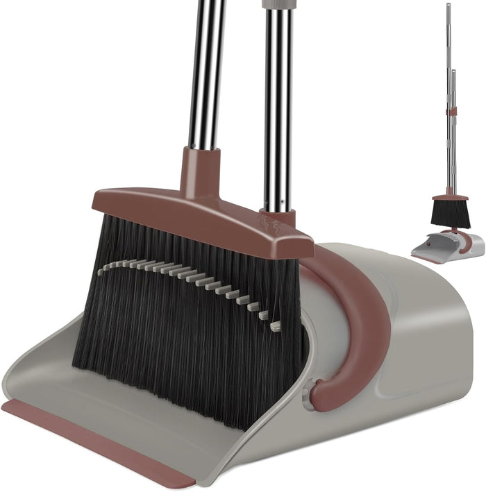 Broom and Dustpan Set for Home, Dust pan with Long Handle, Broom with Dustpan Combo Set, for Home Kitchen Room Office Lobby Floor Use Upright Stand Up Sweeping (Gray&Green)