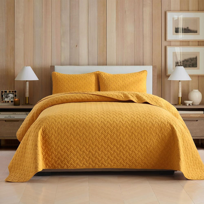 Cotton Quilt Bedding Sets Queen Size, 3 Pieces Reversible Lightweight Coverlets Comforters Bedspreads for All Seasons,Weave Stitching Pattern,Yellow