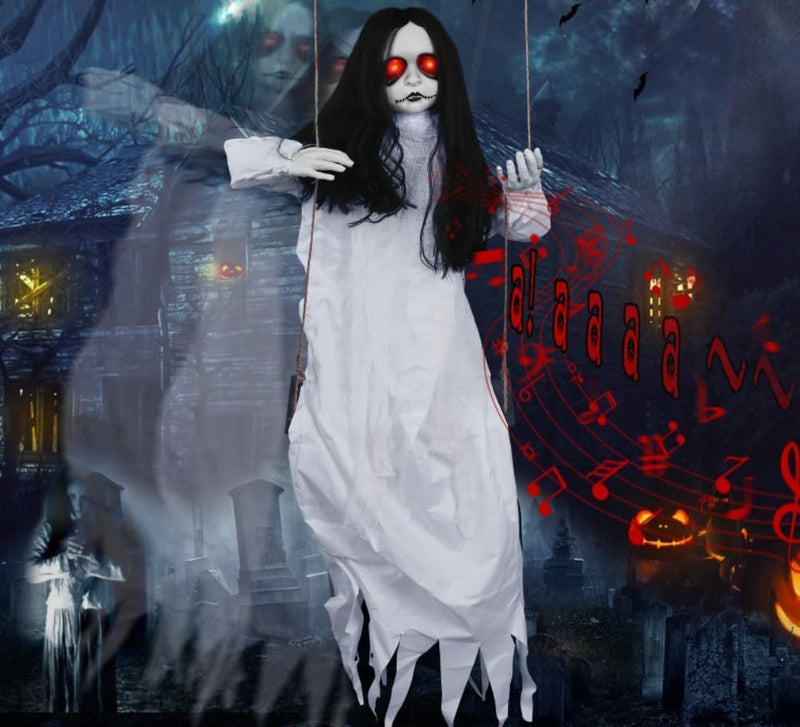 Scary Halloween Decorations Outdoor, Halloween Hanging Swinging Doll Girl with Sound & Slap Activated, Light Up Eyes Creepy Sound Expressions, Large Scary Halloween Decor Props for Indoor Outside