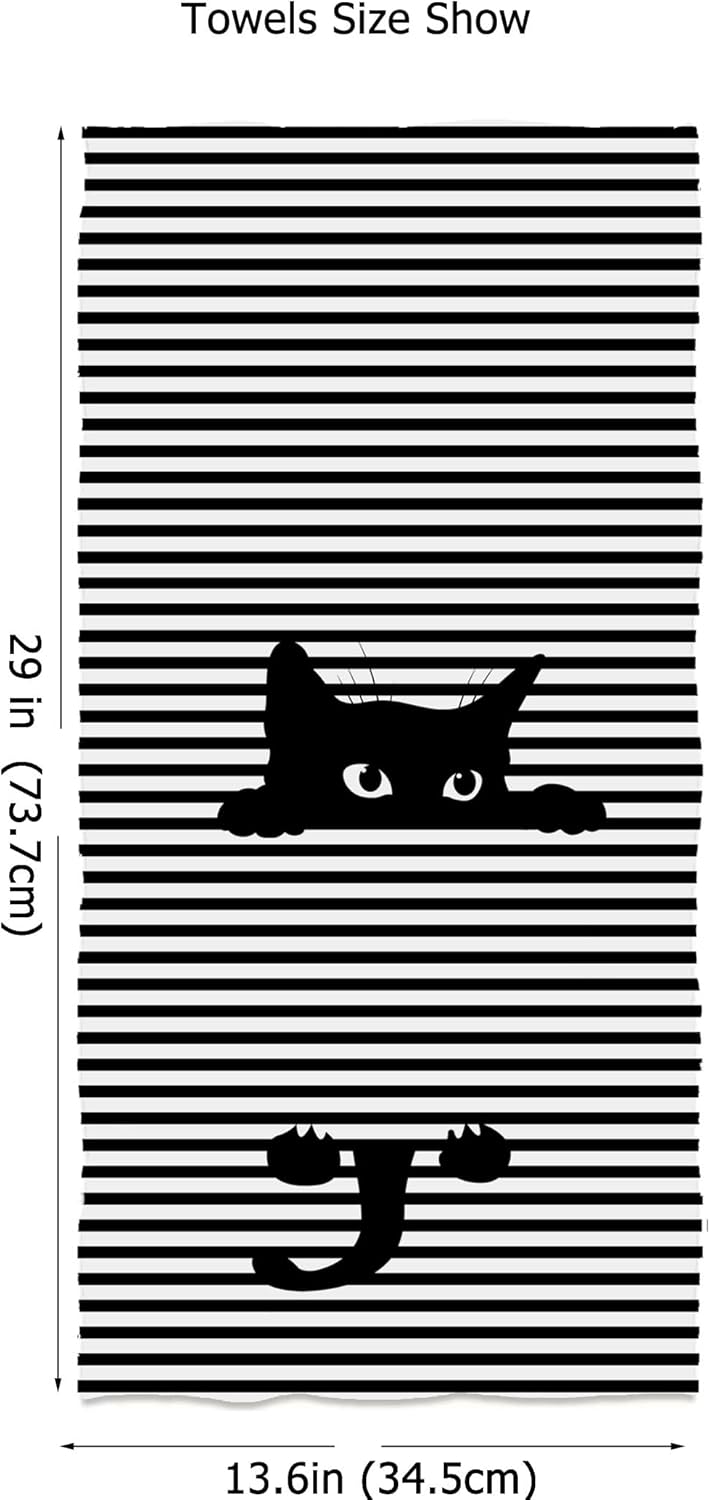 Lovey Black Cat Hand Towels 13.6 X 29' Black White Striped Bath Towels Lovely Animal Dish Towels for Household Daily Use | Home Decoration | Carry-On Hotel Gym Spa