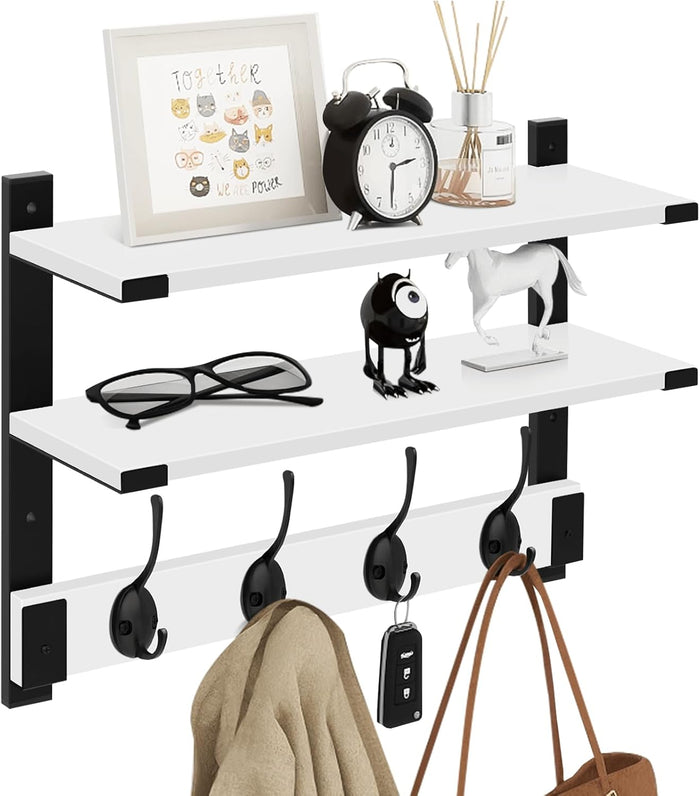 Homode Coat Rack Wall Mount with Shelf, Two-Tier Entryway Wall Shelf with Hooks, 24 in Wood Floating Storage Shelves, Coat Hanger for Hanging Hat Towel Jacket Purse Backpack, Rustic Brown