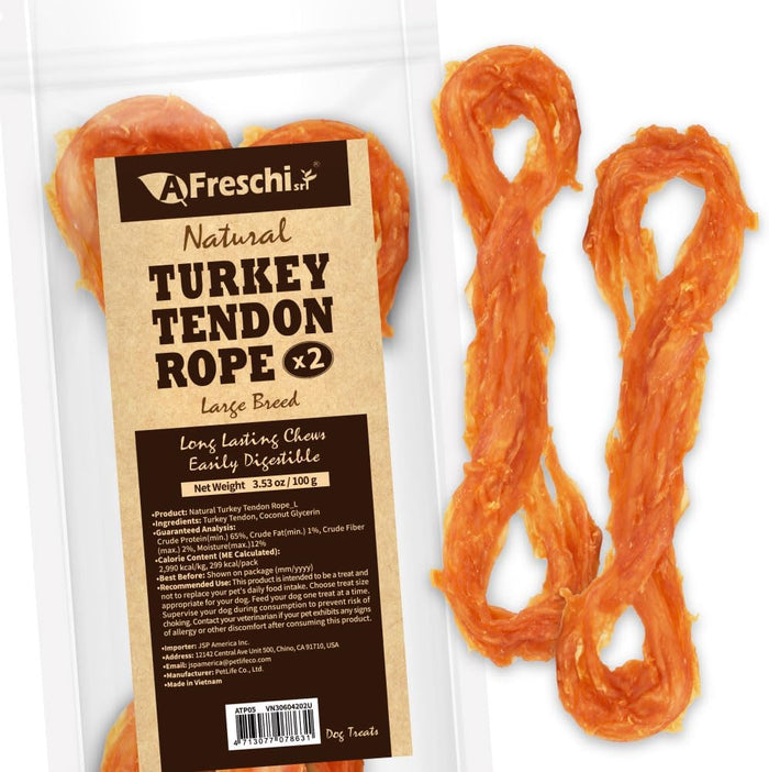 AFreschi Turkey Tendons for Dogs, USA-Sourced, Healthy Dog Treats, Rawhide-Free Puppy Chews, Long Lasting, All Natural, Hypoallergenic Dog Treats for Large Breeds, 10 oz Pack Bone (L)