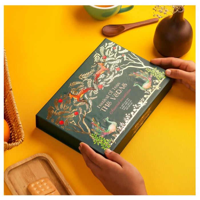 The Vedas Book of Tea Collection | Assorted Tea Bags | Mother's Day Gift Set | 12 Exotic Herbal Blends | 4 Units Each, Total 48 | Best for Corporate Gifting | Gift Hamper