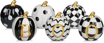 DAZONGE Halloween Decorations Indoor - Set of 6 Ceramic Halloween Pumpkin Decor - Assorted Black and White Boo Pumpkins for Fall Autumn Home Decor