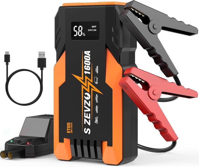 S ZEVZO ET05 Jump Starter 1600A Portable Car Jump Starter Battery Pack for Up to 7.2L Gas and 5.5L Diesel Engines 51.8Wh 12V Jump Box with USB Ports, LCD Display and LED Light
