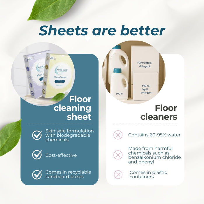 Koral Care Eco-Friendly Floor Cleaner Sheets|60 Sheets (= 2 Months)|Baby & Pet Friendly| Removes Hard Water Stains| Suitable for all surfaces -Marble, Wood etc|Free of Ammonia, Chlorine|Flower Orchard