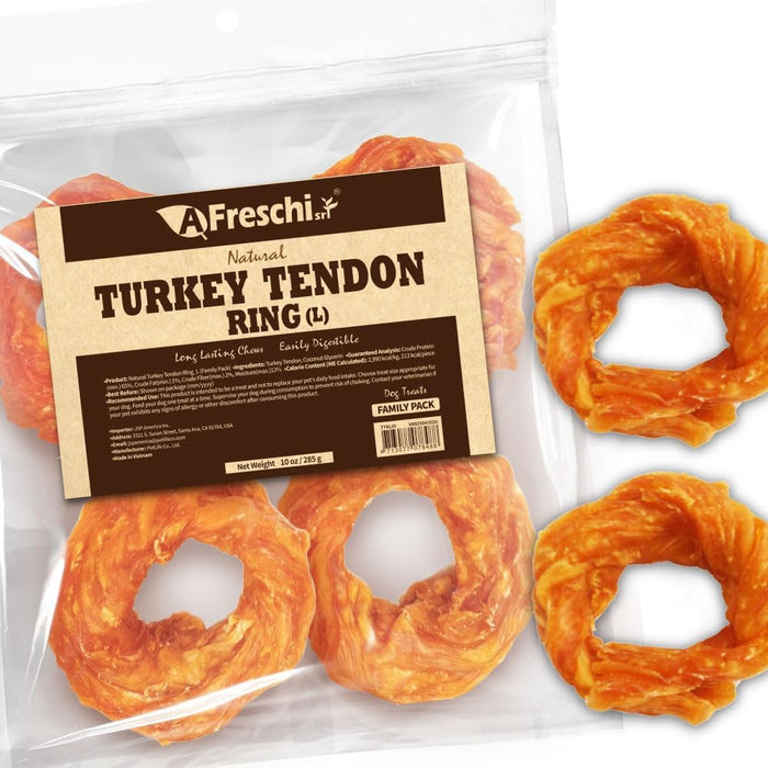 AFreschi Turkey Tendons for Dogs, USA-Sourced, Healthy Dog Treats, Rawhide-Free Puppy Chews, Long Lasting, All Natural, Hypoallergenic Dog Treats for Large Breeds, 10 oz Pack Bone (L)