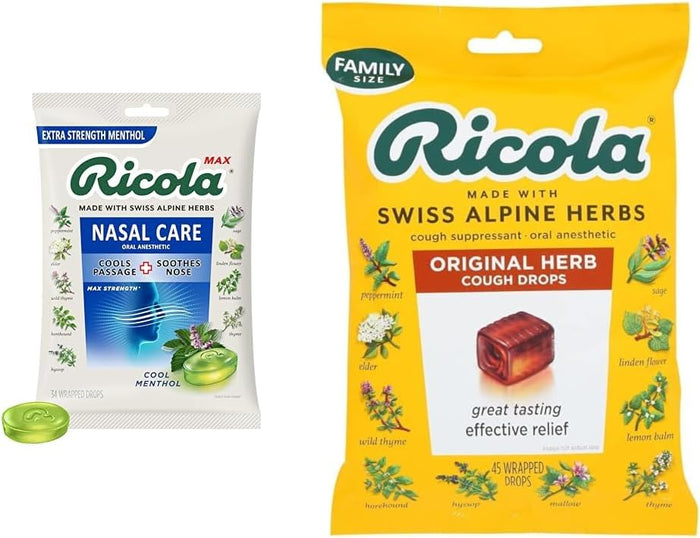 Ricola Max Cool Menthol Nasal Care Large Bag | Cough Suppressant Drops | Dual Action Liquid Center | Soothing Long-Lasting Relief - 34 Count (Pack of 1)