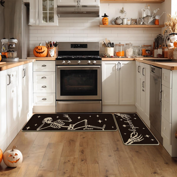 Artoid Mode Spooky Skeleton Spider Bone Black Halloween Kitchen Mats Set of 2, Black Home Decor Low-Profile Kitchen Rugs for Floor - 17x29 and 17x47 Inch