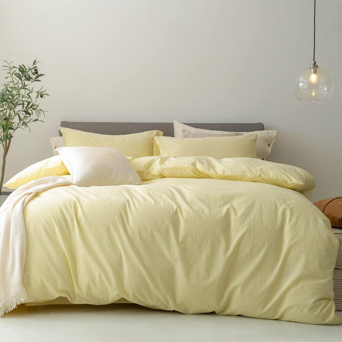 FOSSA Duvet Cover Set 100% Washed Cotton Linen Feel Super Soft Breathable Cozy 3 Pieces Bedding Sets Solid Pastel Yellow King