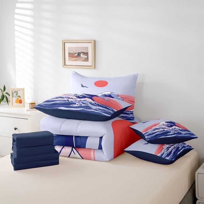 Feelyou Japanese Wave Bed Set Boys Girls for Kids Women Men Twin Size Ocean Wave 7 Pieces Beeding Set Ultra Soft Sunset Bed in a Bag with Comforter, Sheets, Pillowcases Sea Waves Room Decor Bird