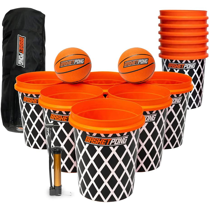Giant Yard Pong and Basketball Game with 12 Buckets, 2 Balls, Carrying Bag, and Air Pump – Outdoor Game for Lawn, Backyard, Beach, and Parties