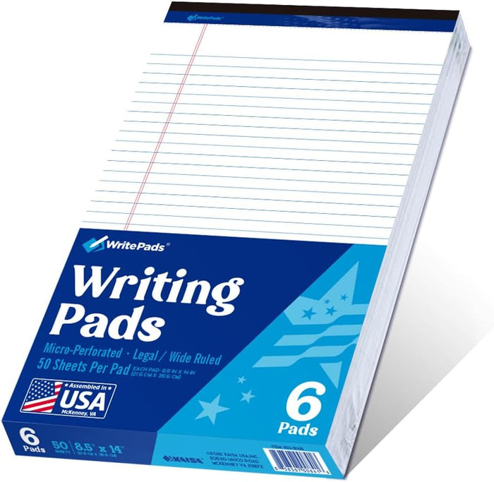 Legal Pad 8.5 x 11 Note Pad, Wide Ruled Writing Pad, White Paper, 6-Pack, 50 Sheets Per Pad, Micro-Perforated Notepad, Office Supplies (KSU-8331) - Made in the USA