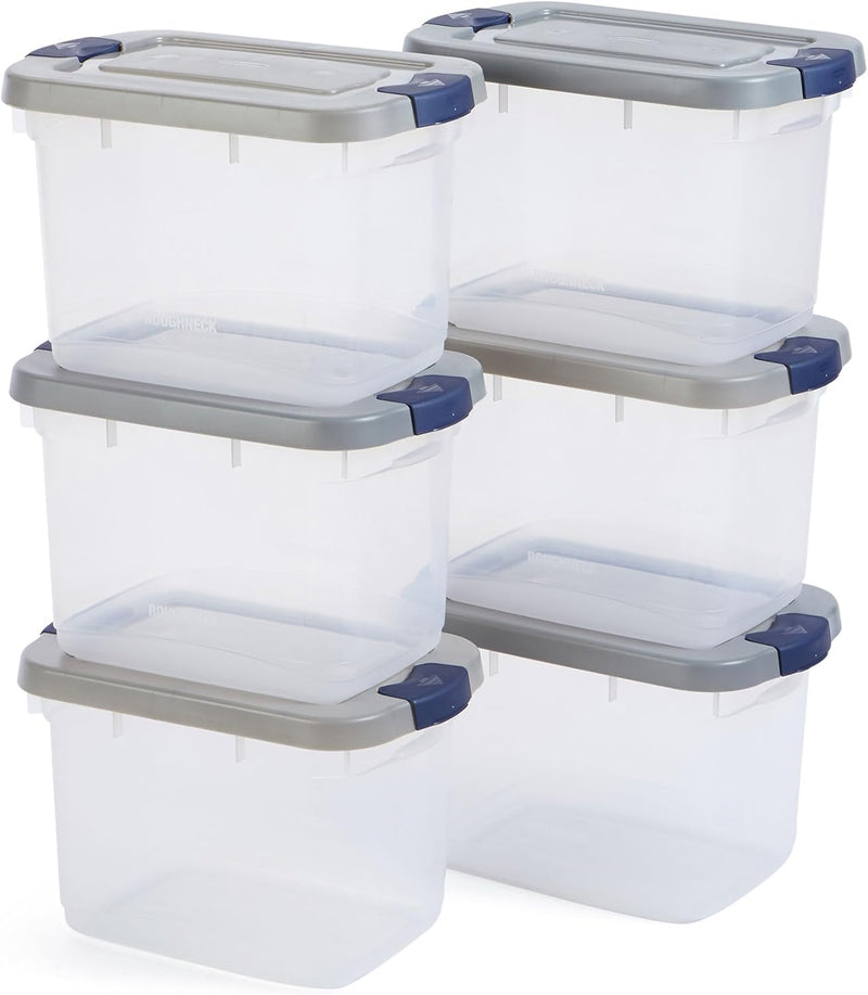 Rubbermaid Roughneck Clear 95 Qt/23.75 Gal Storage Containers, Pack of 4 with Latching Grey Lids, Visible Base, Sturdy and Stackable, Great for Storage and Organization