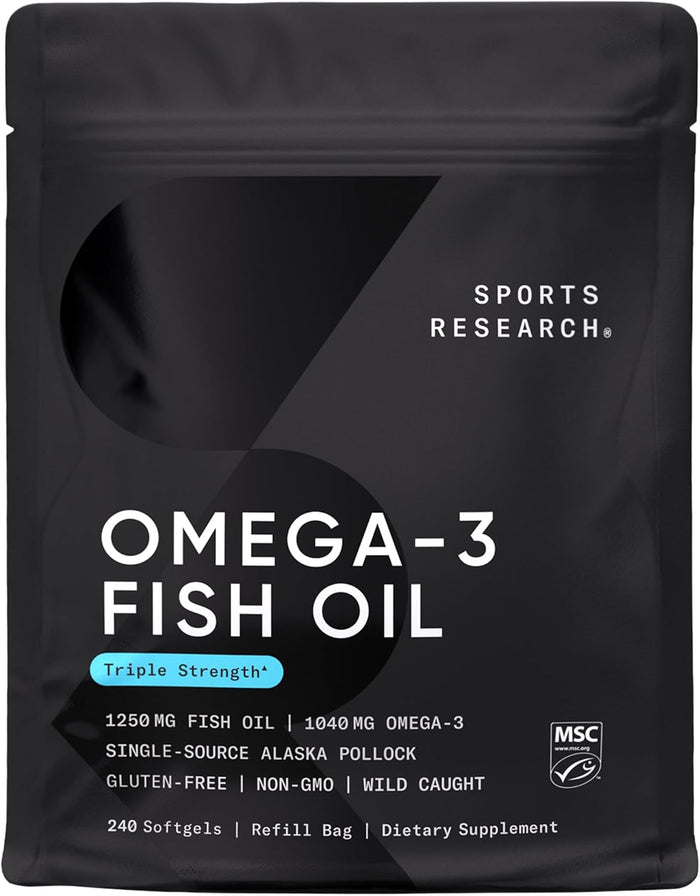 Sports Research Triple Strength Omega 3 Fish Oil - Burpless Fish Oil Supplement w/EPA & DHA Fatty Acids from Single-Source Wild Alaskan Pollock - 1250 mg, 90 ct