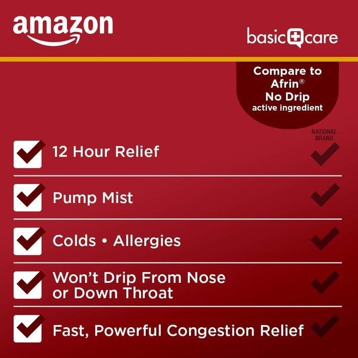 Amazon Basic Care No Drip Nasal Spray, 12 Hour Nasal Decongestant, Pump Mist, Oxymetazoline HCl, Cold and Allergy Nasal Spray, 1 fl oz (Pack of 1)