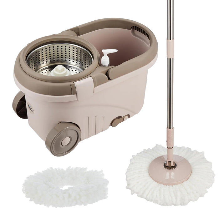 Amazon Brand - Presto! Elite Spin Mop with Steel Wringer and Auto-fold Handle, Chestnut, 2 Refills
