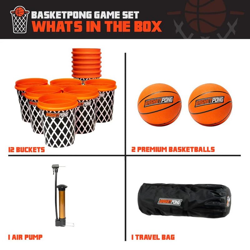 Giant Yard Pong and Basketball Game with 12 Buckets, 2 Balls, Carrying Bag, and Air Pump – Outdoor Game for Lawn, Backyard, Beach, and Parties
