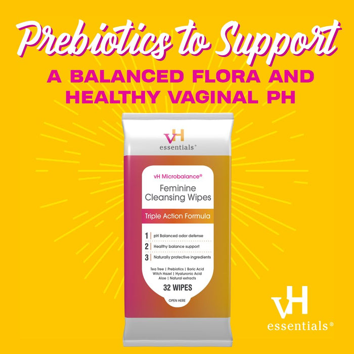 vH essentials Feminine Cleansing Wipes 32 ct. pH Balanced, Prebiotics, Tea Tree & Aloe, Soothing Witch Hazel, Odor-Blocking Formula, Vaginal and Perianal Care, Paraben, Alcohol, and Fragrance-Free