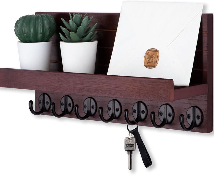 Key Holder Wall Mount, Entryway Key and Mail Holder with 7 Sturdy Hooks for Sunglasses, Dog Leash, Decorative Wall Shelf with Mounting Hardware, 15”W x 6.7”H x 4.2”D
