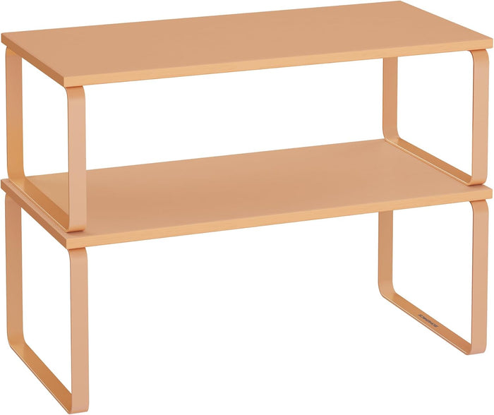SONGMICS Cabinet Organizer Shelf, Set of 2 Kitchen Counter Shelves, Kitchen Storage, Spice Rack, Stackable, Expandable, Metal and Engineered Wood, Ink Black and Natural Beige UKCS02NB