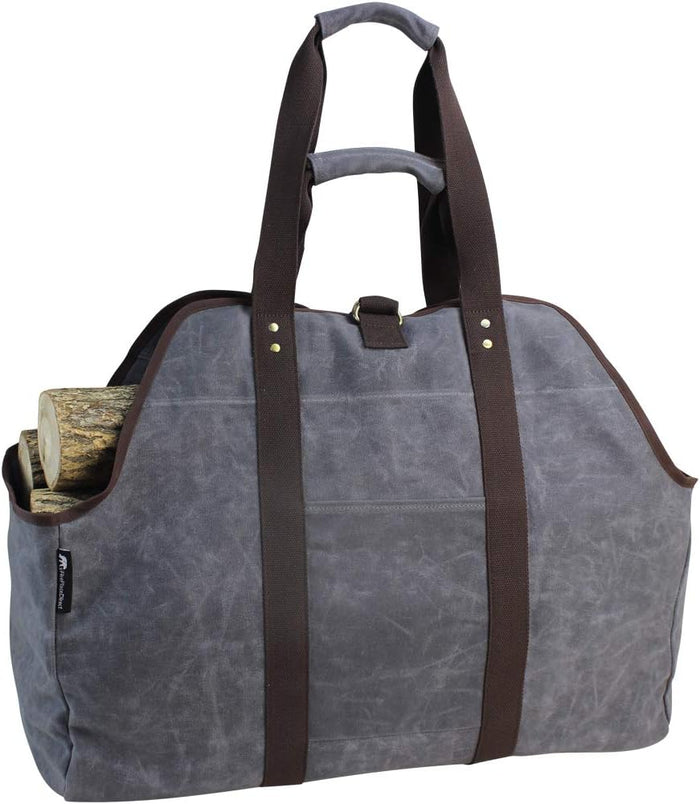 Waxed Canvas Log Carrier Tote Bag, Extra Large Durable Firewood Holder with Handles and Shoulder Strap, Heavy Duty Wood Carrying Bag for Fireplaces & Wood Stoves Khaki