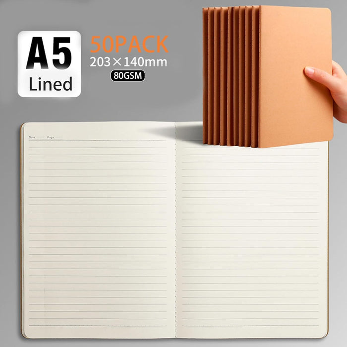 GDOODM 50 Pack A5 Lined Notebook, Journaling Notebook Bulk Kraft Notebooks for Work, 80 GSM A5 Journal Notebooks for Note Taking Composition School Supplies, 72 Pages/ 36 Sheets, 8 "x 5.5"