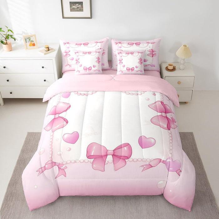 Feelyou Bow Bed Set for Kids Girls Woman Twin Size Cute Coquette Bow Knot 7 Pieces Beeding Set Ultra Soft Bow Pattern Bed in a Bag with Comforter, Sheets, Pillowcases Bow Decor Room Decor Bowknot