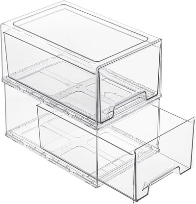 PeJeyiee 2 Pack Stackable Pull-Out Storage Drawers，Plastic Clear Organizer Bins with Handles，Easily Clean for Kitchen Undersink，Craft, and Toy Organization，Fridge，Closet, Pantry, Office, Bathroom