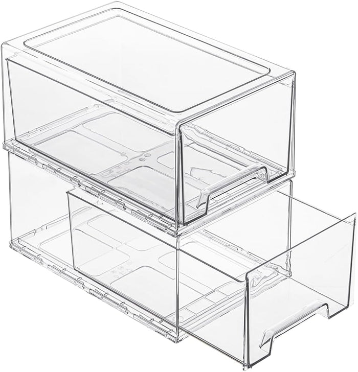 PeJeyiee 2 Pack Stackable Pull-Out Storage Drawers，Plastic Clear Organizer Bins with Handles，Easily Clean for Kitchen Undersink，Craft, and Toy Organization，Fridge，Closet, Pantry, Office, Bathroom