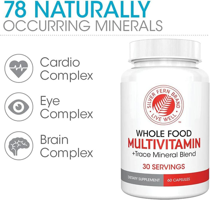 Silver Fern Whole Food Daily Multi Vitamin w/Trace Mineral Blend Supplement - 2 Bottles - 60 Vegicaps Each - 60 Day Supply - Natural, Non-GMO, Vegan, Multivitamin for Men & Women - Zero Synthetics